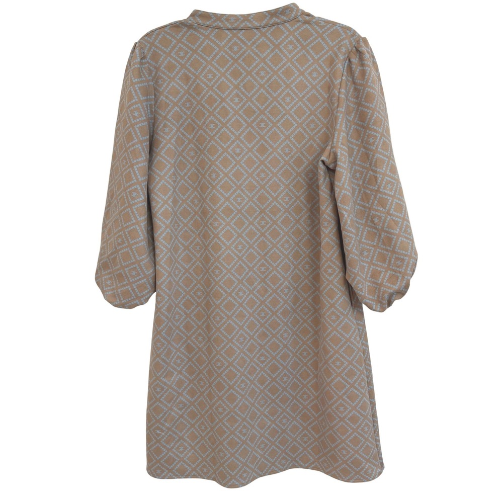 Boho Chic Womens Tan Blue Geometric Diamond Print Puff Sleeve Tunic Dress Size M - Picture 4 of 8